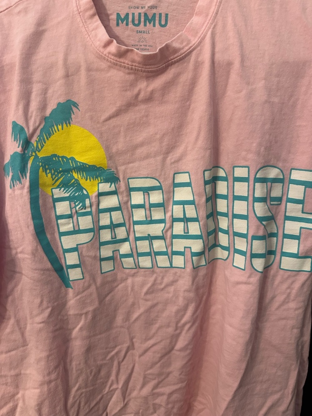 Show Me Your MuMu Pink 'Paradise' Graphic Tee with Yellow & Teal Print - Picture 4 of 5